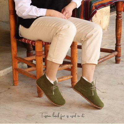 El Yapımı Barefoot Yalınayak Kadın Deri Kısa İçi Kürklü Bağcıklı Kadın Bot, Yeşil Nubuk