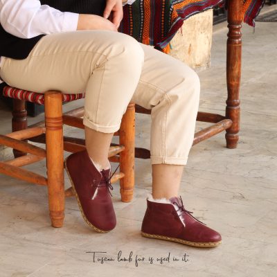 El Yapımı Barefoot Yalınayak Kadın Deri Kısa İçi Kürklü Bağcıklı Kadın Bot, Bordo