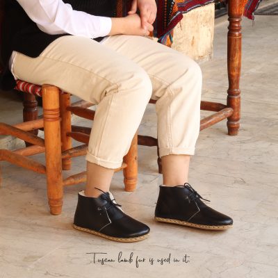 El Yapımı Barefoot Yalınayak Kadın Deri Kısa İçi Kürklü Bağcıklı Kadın Bot, Siyah