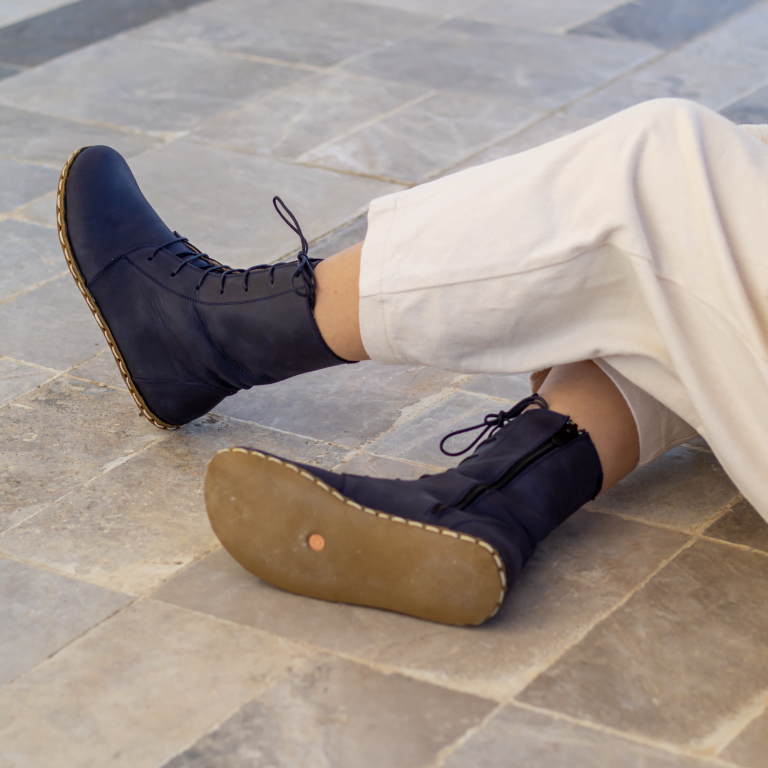 El Yapımı Barefoot Yalınayak Kadın Deri Uzun Kadın Bot, Lacivert - Görsel 6