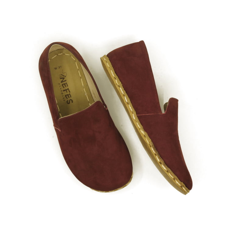 El Yapımı Barefoot Yalınayak Kadın Deri Taylan Model, Bordo Nubuk - Görsel 4