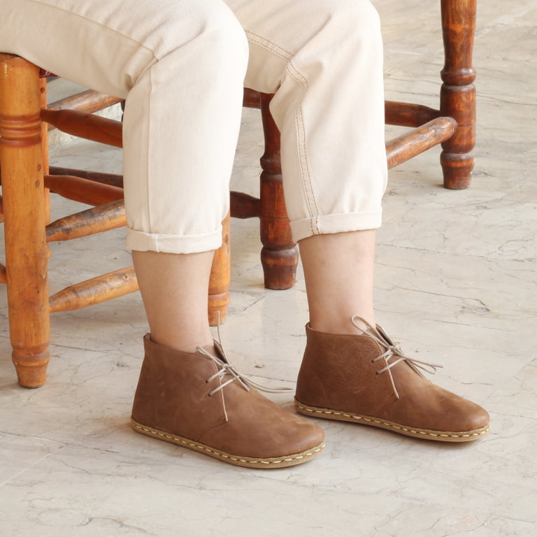 El Yapımı Barefoot Yalınayak Kadın Deri Kısa Bağcıklı Kadın Bot, Mat Kahve - Görsel 4