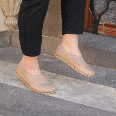 El Yapımı Barefoot Yalınayak Kadın Deri Sevim Model, Bej