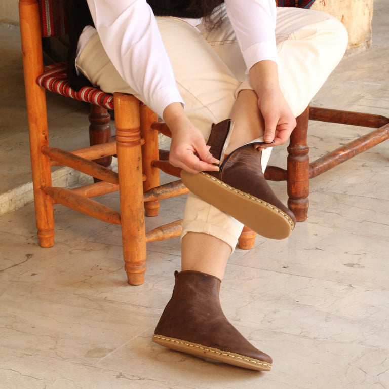 El Yapımı Barefoot Yalınayak Kadın Deri Fermuarlı Kadın Kısa Bot, Klasik Kahverengi - Görsel 2