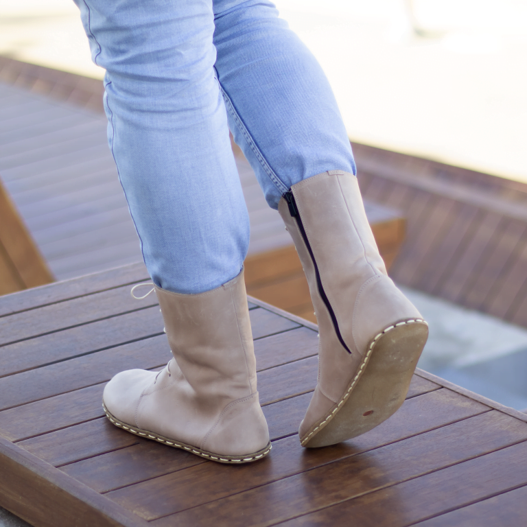 El Yapımı Barefoot Yalınayak Erkek Deri Uzun Erkek Bot, Bej - Görsel 2