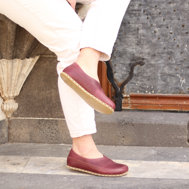 El Yapımı Barefoot Yalınayak Kadın Deri Sevim Model, Bordo - Görsel 4