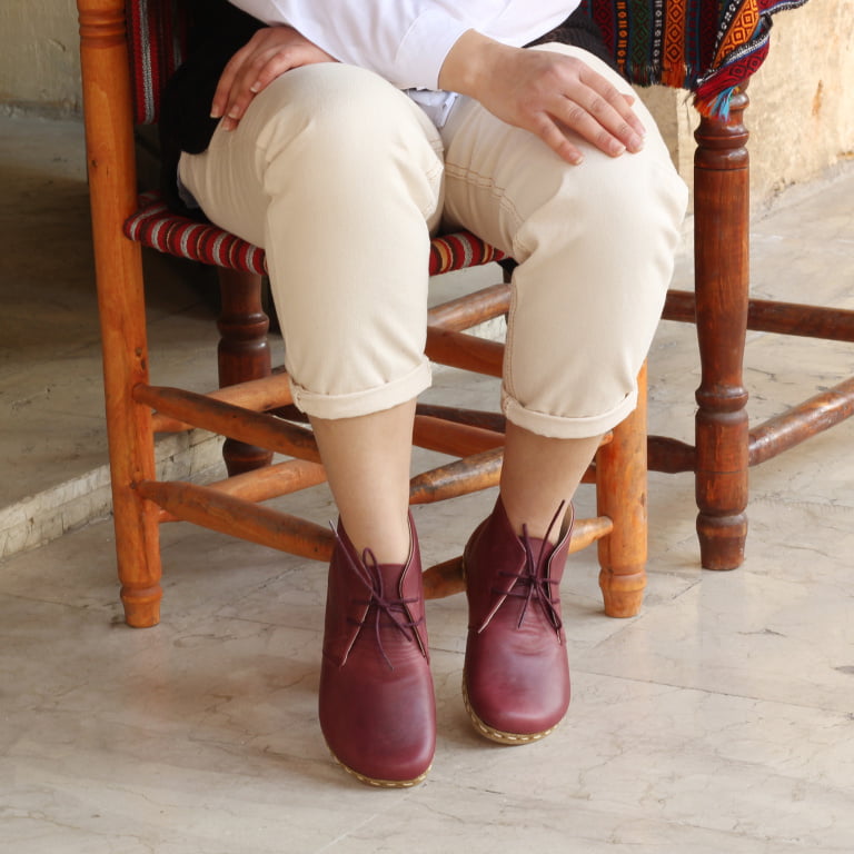 El Yapımı Barefoot Yalınayak Kadın Deri Kısa Bağcıklı Kadın Bot, Bordo - Görsel 3
