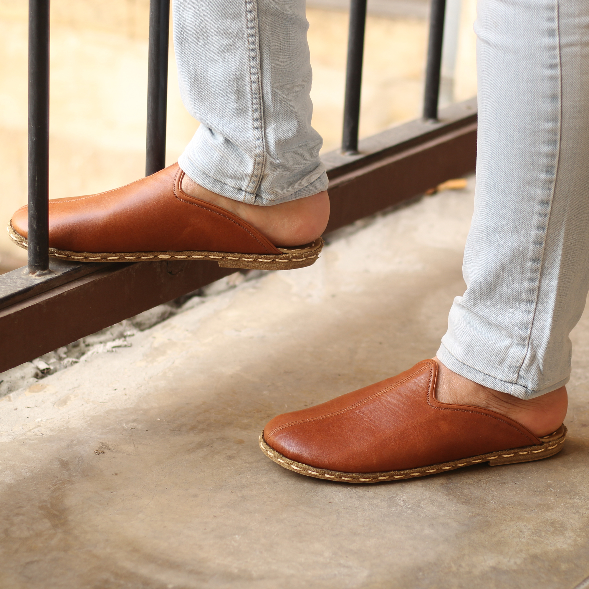 7 El Yapımı Barefoot Yalınayak Erkek Deri Parçalı Terlik, Otantik Kahve - Görsel 1