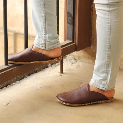 El Yapımı Barefoot Yalınayak Erkek Deri Parçalı Terlik, Fındık Kahve