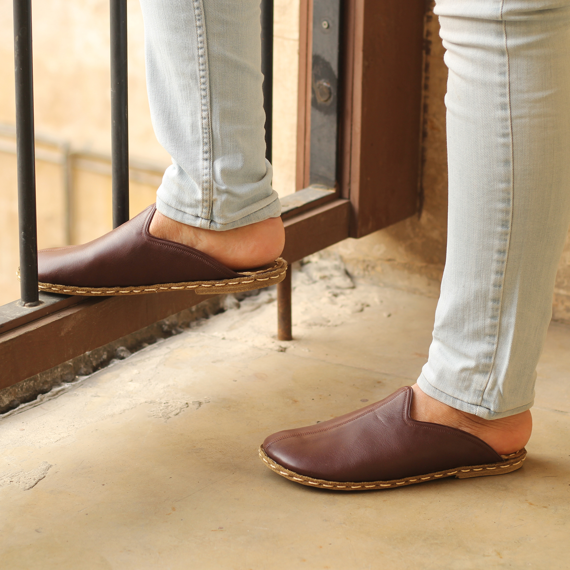 7 El Yapımı Barefoot Yalınayak Erkek Deri Parçalı Terlik, Fındık Kahve - Görsel 1