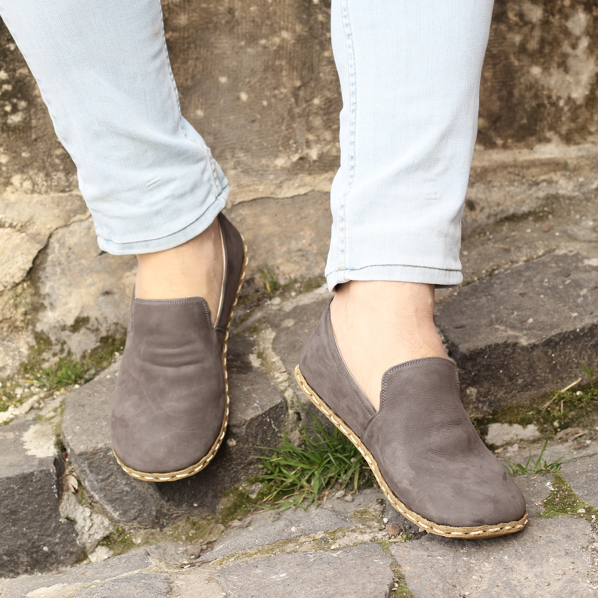 7 El Yapımı Barefoot Yalınayak Erkek Deri Taylan Model, Gri Nubuk - Görsel 1
