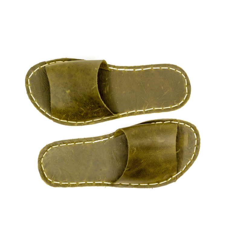 El Yapımı Barefoot Yalınayak Kadın Deri Boyka Terlik, Zeytin Yeşili - Görsel 6