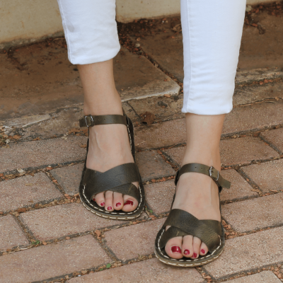 El Yapımı Barefoot Yalınayak Kadın Deri Helen Model, Zeytin Yeşili