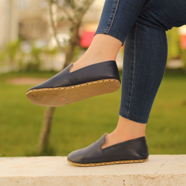 El Yapımı Barefoot Yalınayak Kadın Deri Taylan Model, Lacivert - Görsel 2