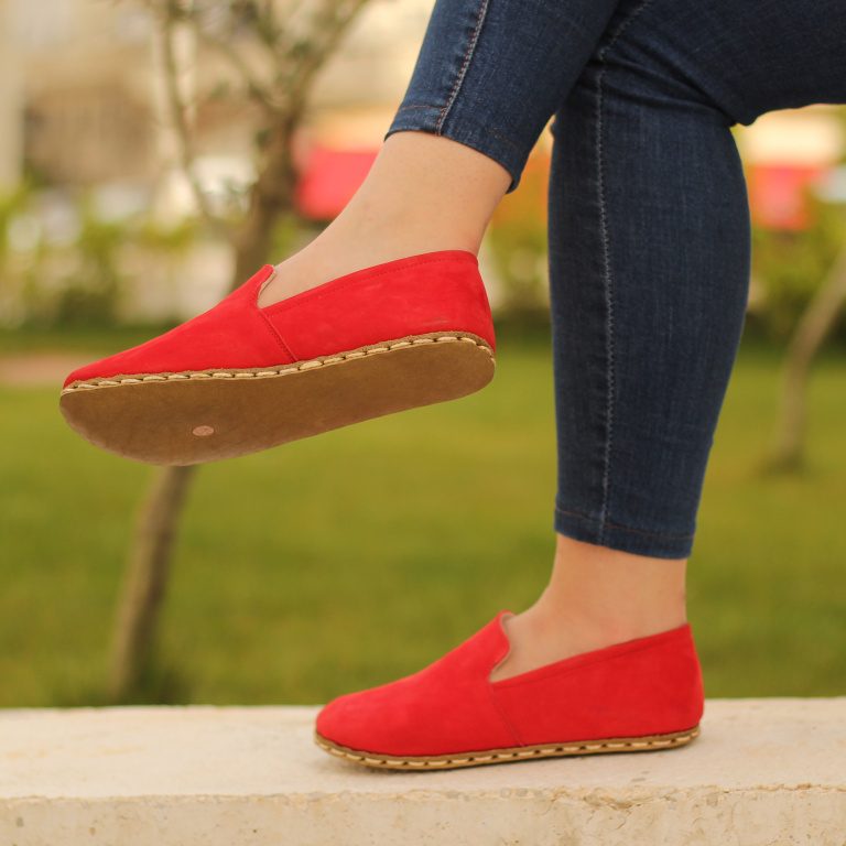El Yapımı Barefoot Yalınayak Kadın Deri Taylan Model, Kırmızı Nubuk - Görsel 2