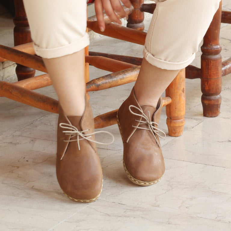 El Yapımı Barefoot Yalınayak Kadın Deri Kısa Bağcıklı Kadın Bot, Mat Kahve - Görsel 3