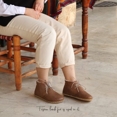 El Yapımı Barefoot Yalınayak Kadın Deri Kısa İçi Kürklü Bağcıklı Kadın Bot, Mat Kahve
