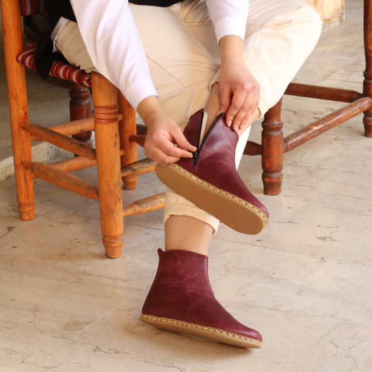 El Yapımı Barefoot Yalınayak Kadın Deri Fermuarlı Kadın Kısa Bot, Bordo - Görsel 2