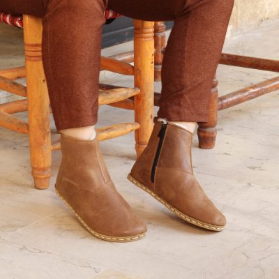 El Yapımı Barefoot Yalınayak Kadın Deri Fermuarlı İçi Kürklü Kadın Kısa Bot, Mat Kahve