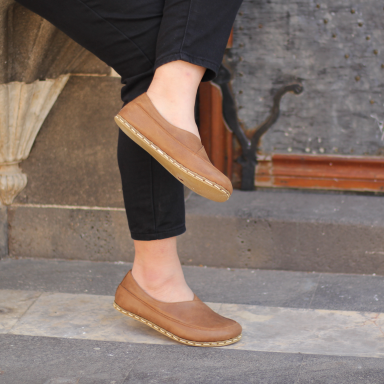 El Yapımı Barefoot Yalınayak Kadın Deri Sevim Model, Mat Kahve - Görsel 2