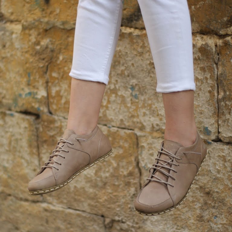 El Yapımı Barefoot Yalınayak Kadın Deri Sneakers Model, Bej - Görsel 7