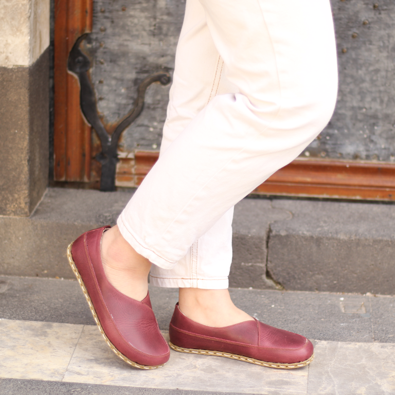 El Yapımı Barefoot Yalınayak Kadın Deri Sevim Model, Bordo - Görsel 3
