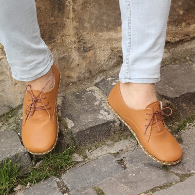 El Yapımı Barefoot Yalınayak Erkek Deri Bağcıklı Model, Karamel Rengi