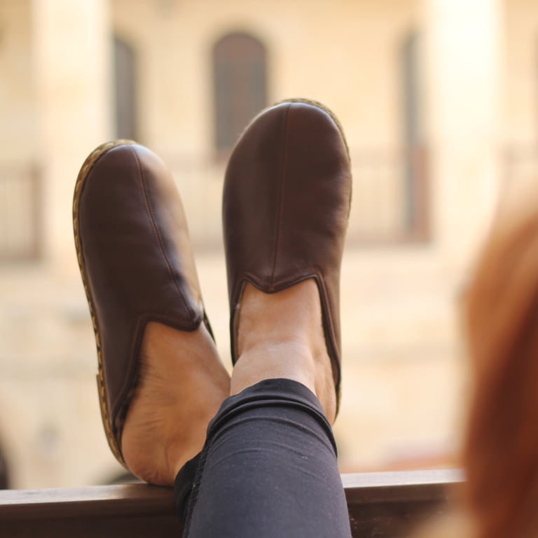 El Yapımı Barefoot Yalınayak Erkek Deri Parçalı Terlik, Fındık Kahve - Görsel 2