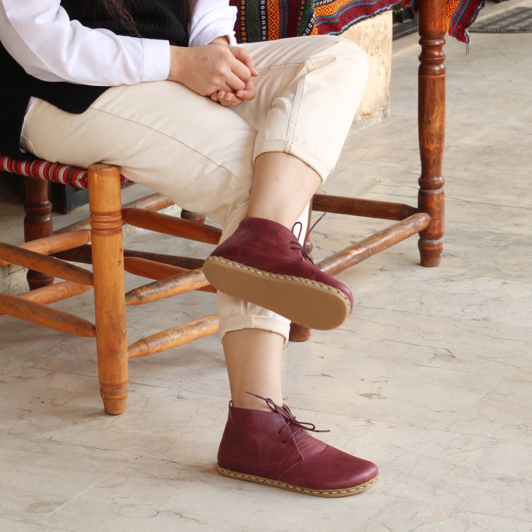 El Yapımı Barefoot Yalınayak Kadın Deri Kısa Bağcıklı Kadın Bot, Bordo - Görsel 2