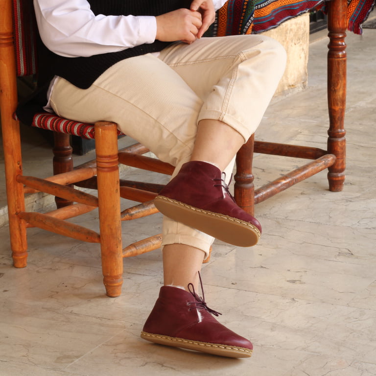 El Yapımı Barefoot Yalınayak Kadın Deri Kısa İçi Kürklü Bağcıklı Kadın Bot, Bordo - Görsel 2