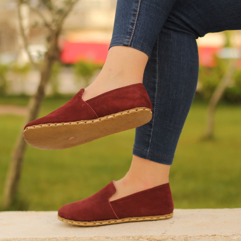 El Yapımı Barefoot Yalınayak Kadın Deri Taylan Model, Bordo Nubuk - Görsel 2