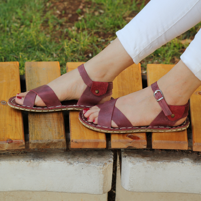 El Yapımı Barefoot Yalınayak Kadın Deri Helen Model, Bordo - Görsel 3