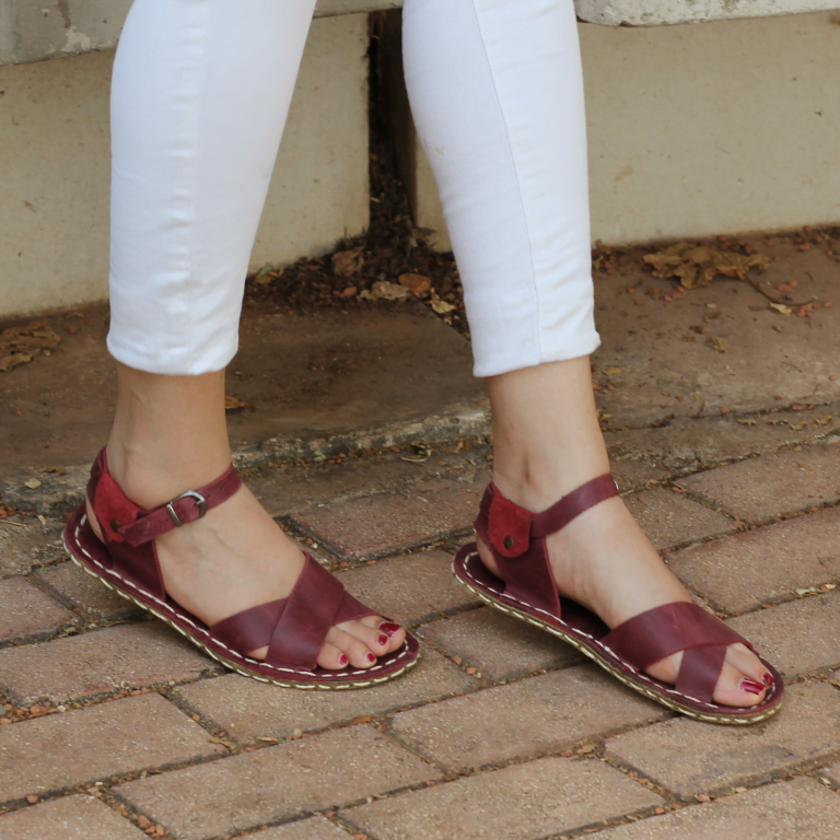 El Yapımı Barefoot Yalınayak Kadın Deri Helen Model, Bordo - Görsel 2