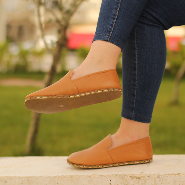 El Yapımı Barefoot Yalınayak Kadın Deri Taylan Model, Hardal Rengi - Görsel 2
