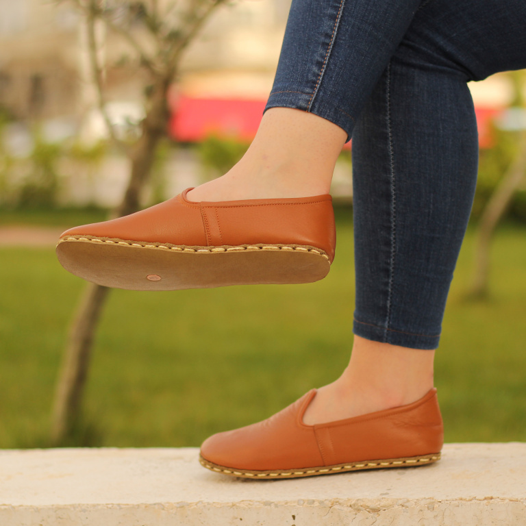El Yapımı Barefoot Yalınayak Kadın Deri Taylan Model, Karamel Rengi - Görsel 2