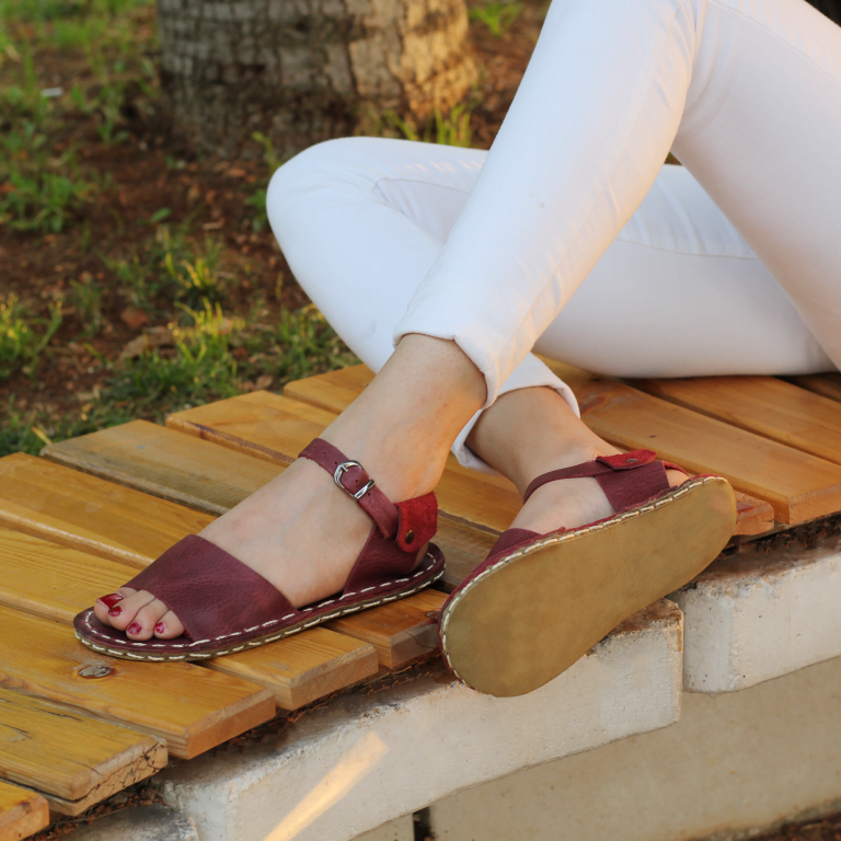El Yapımı Barefoot Yalınayak Kadın Deri Lena Sandalet, Bordo - Görsel 5