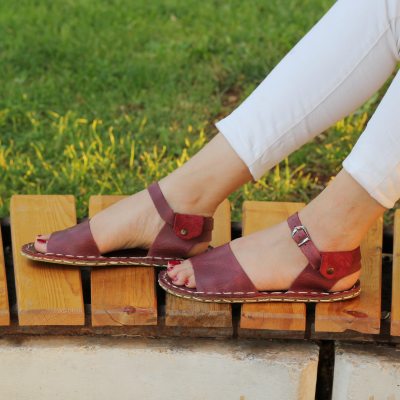 El Yapımı Barefoot Yalınayak Kadın Deri Lena Sandalet, Bordo