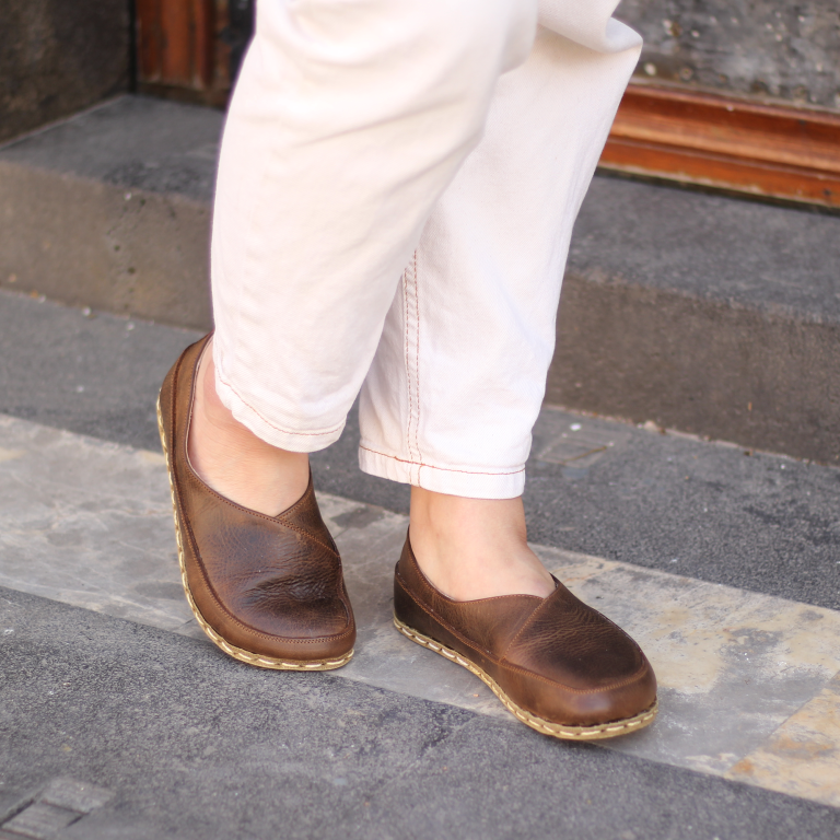 El Yapımı Barefoot Yalınayak Kadın Deri Sevim Model, Klasik Kahverengi - Görsel 3