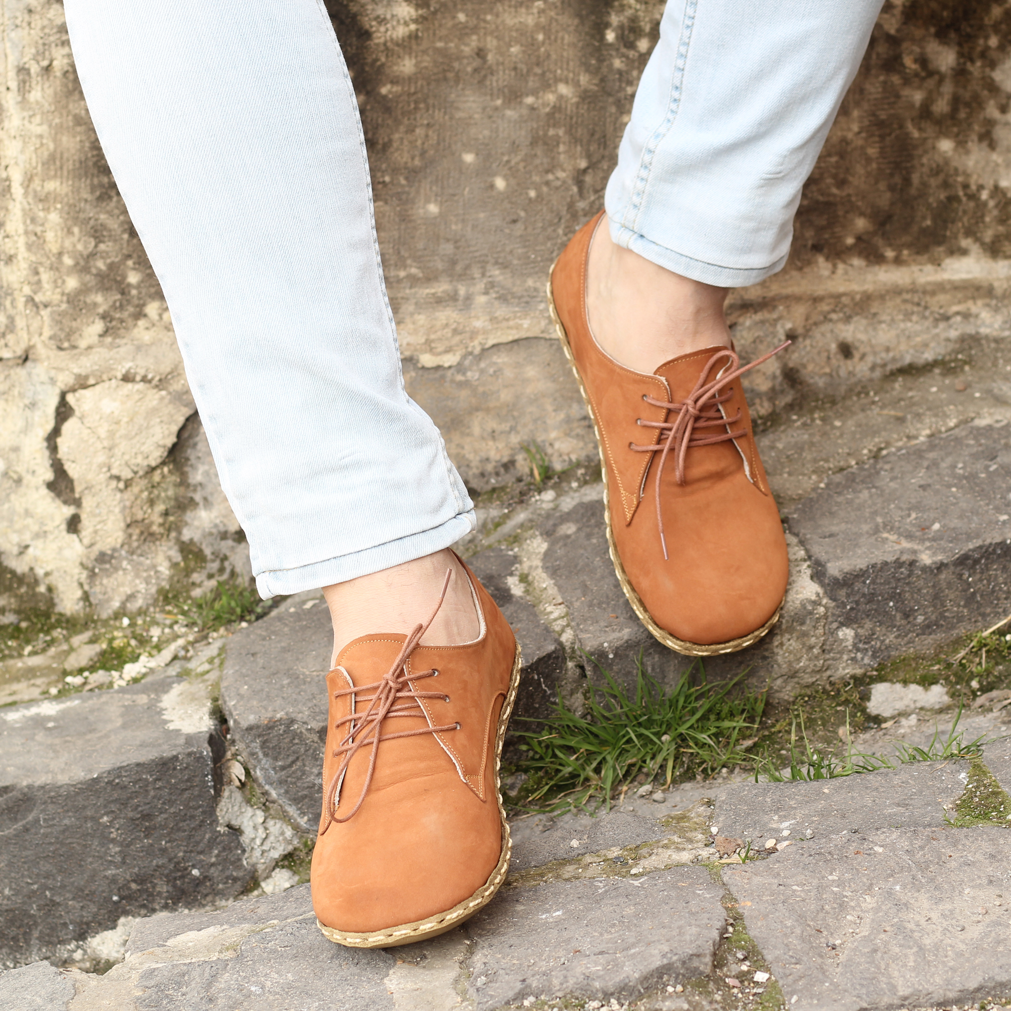 9 El Yapımı Barefoot Yalınayak Erkek Deri Bağcıklı Model, Hardal Nubuk - Görsel 1