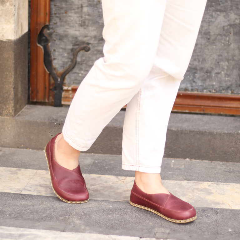 El Yapımı Barefoot Yalınayak Kadın Deri Sevim Model, Bordo - Görsel 5