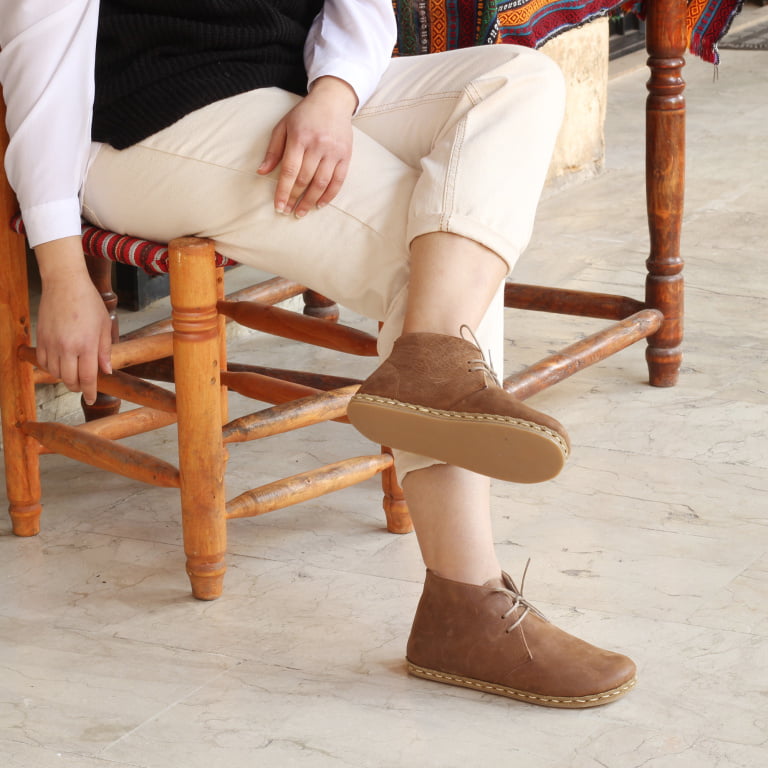 El Yapımı Barefoot Yalınayak Kadın Deri Kısa Bağcıklı Kadın Bot, Mat Kahve - Görsel 2
