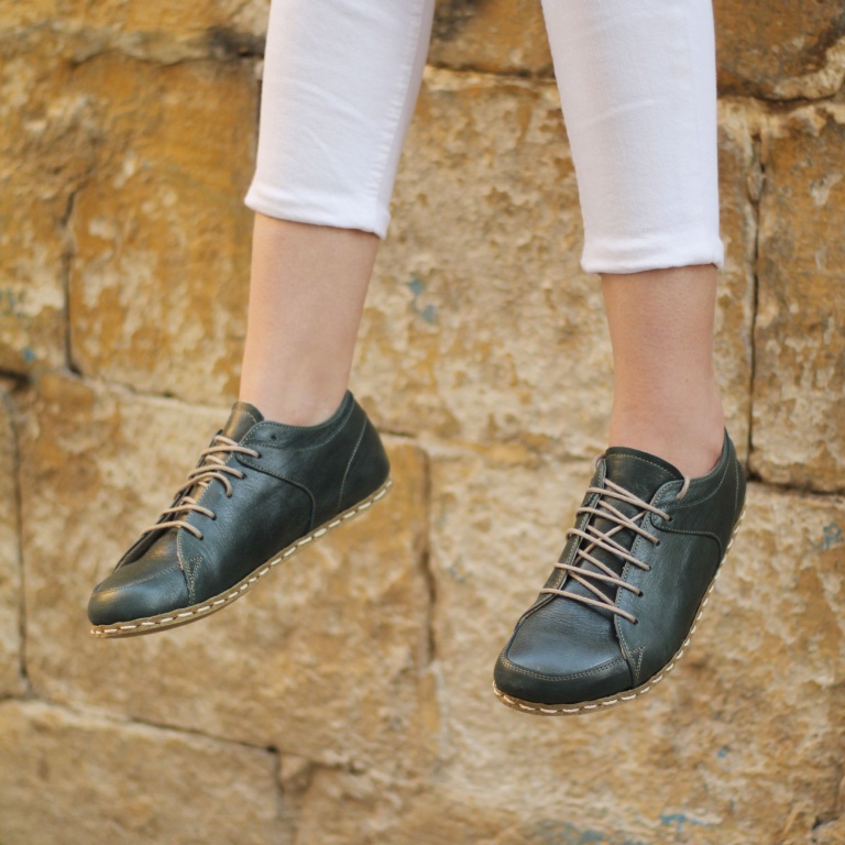 El Yapımı Barefoot Yalınayak Kadın Deri Sneakers Model, Petrol Yeşili - Görsel 5