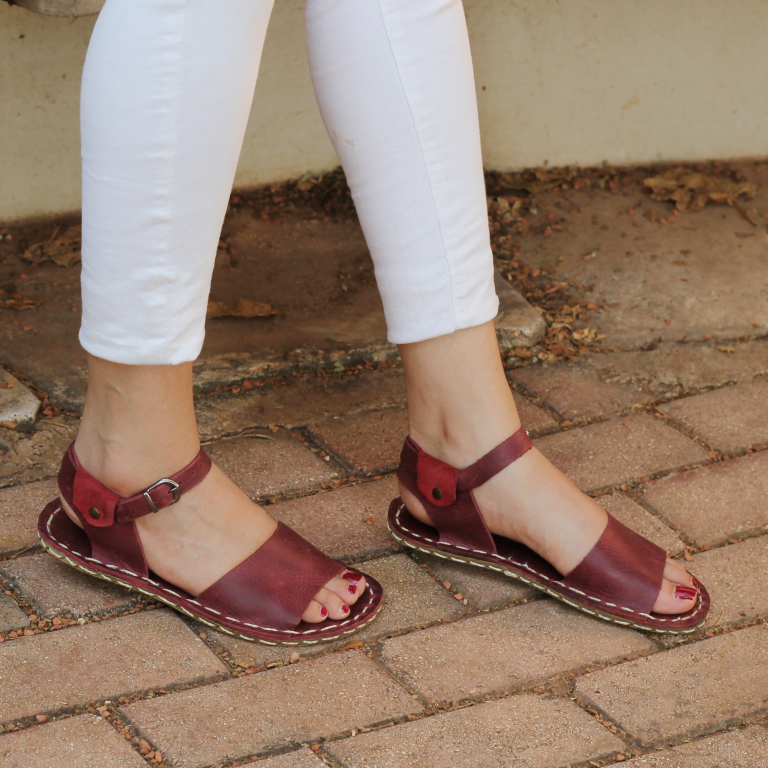 El Yapımı Barefoot Yalınayak Kadın Deri Lena Sandalet, Bordo - Görsel 4