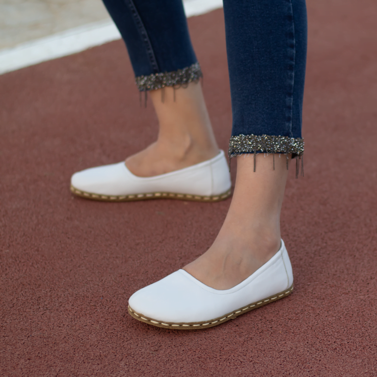 El Yapımı Barefoot Yalınayak Kadın Deri Babet Model, Beyaz - Görsel 3
