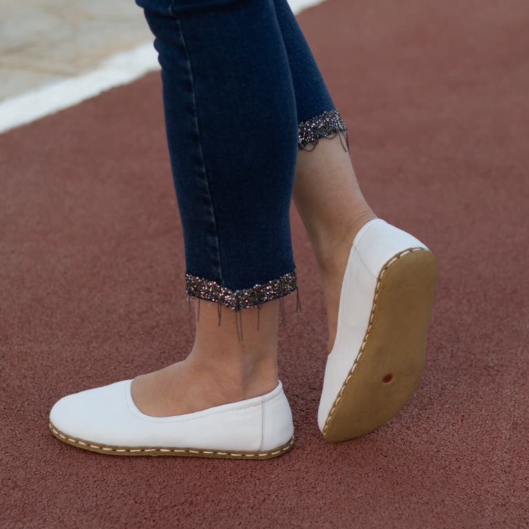 El Yapımı Barefoot Yalınayak Kadın Deri Babet Model, Beyaz - Görsel 5