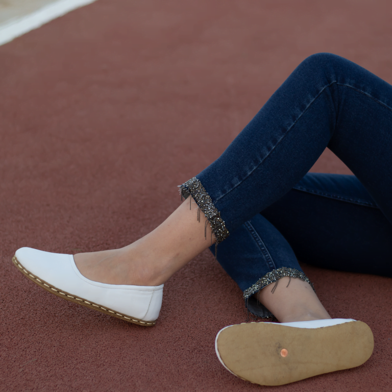 El Yapımı Barefoot Yalınayak Kadın Deri Babet Model, Beyaz - Görsel 2