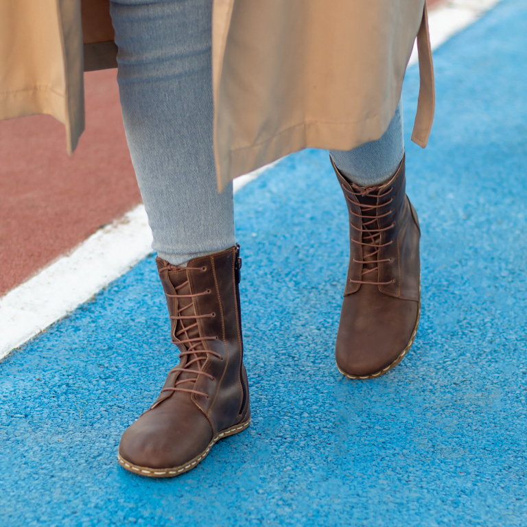 El Yapımı Barefoot Yalınayak Kadın Deri Uzun Kadın Bot, Klasik Kahverengi - Görsel 5