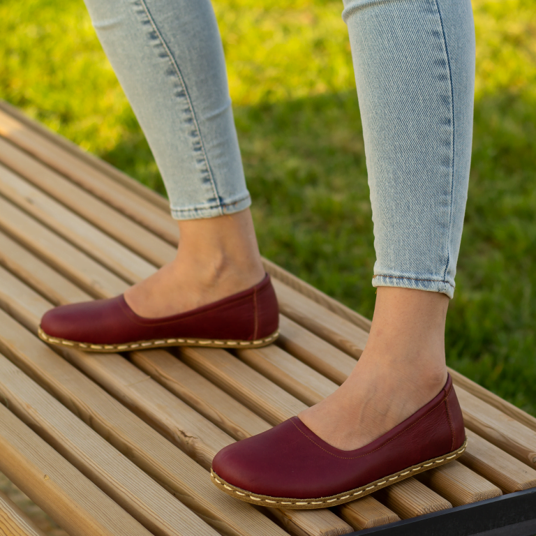 El Yapımı Barefoot Yalınayak Kadın Deri Babet Model, Bordo - Görsel 6