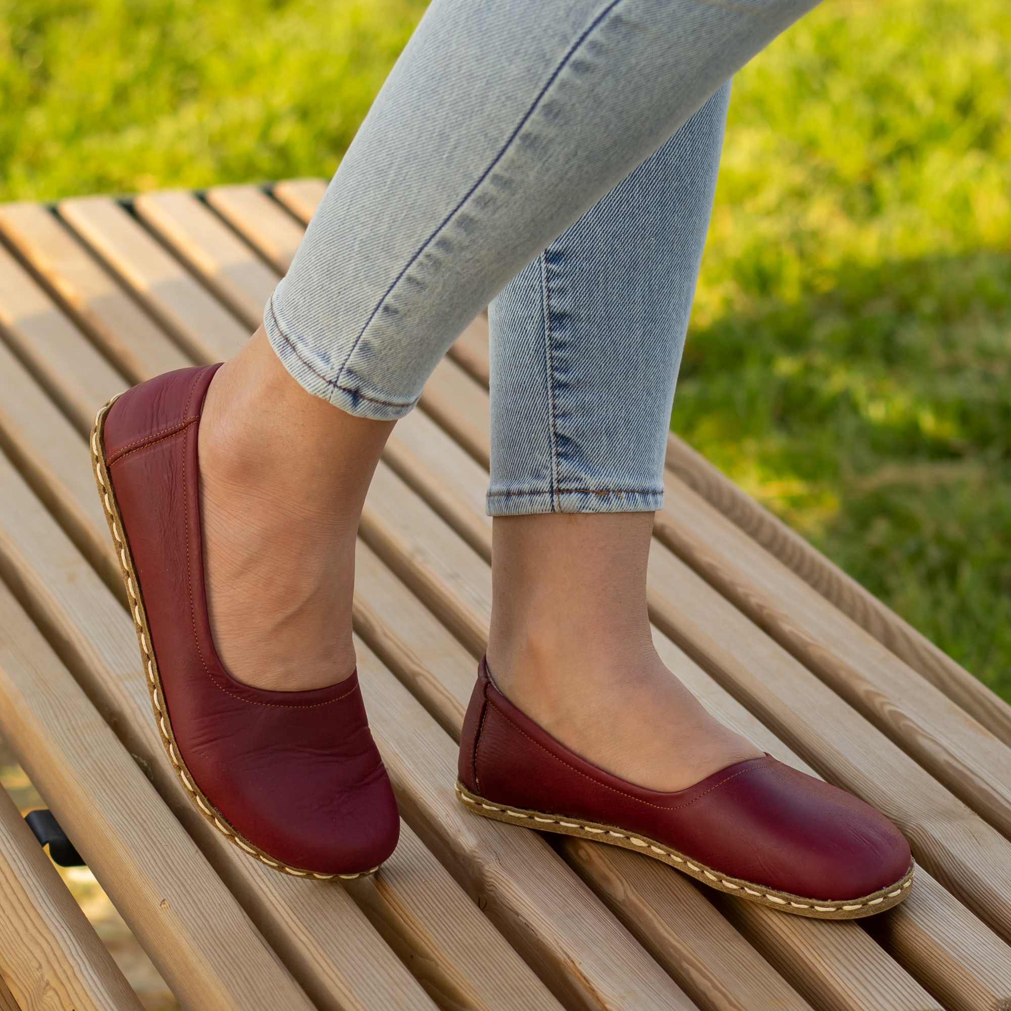 bur2 El Yapımı Barefoot Yalınayak Kadın Deri Babet Model, Bordo - Görsel 1