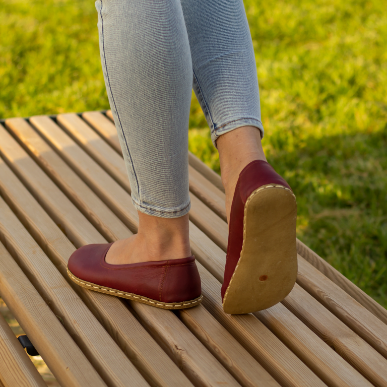 El Yapımı Barefoot Yalınayak Kadın Deri Babet Model, Bordo - Görsel 2